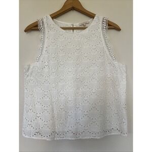 Skies are  blue sleeveless top women's white size L eyelet lace seashell Lined